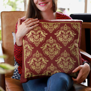 Gold & Burgundy Floral Damasks Geometric Pattern Throw Pillow