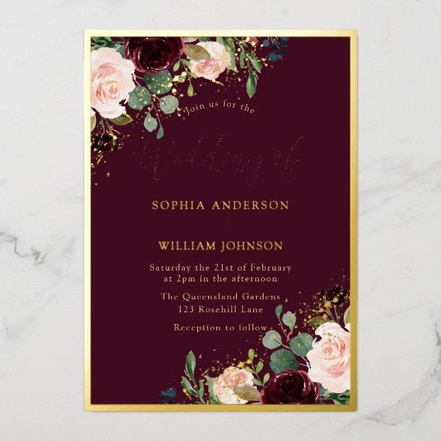 Gold Burgundy Floral Frame Wedding Real  (Front)