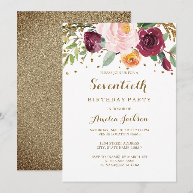Gold Burgundy Floral Glitter 70th Birthday Party Invitation (Front/Back)