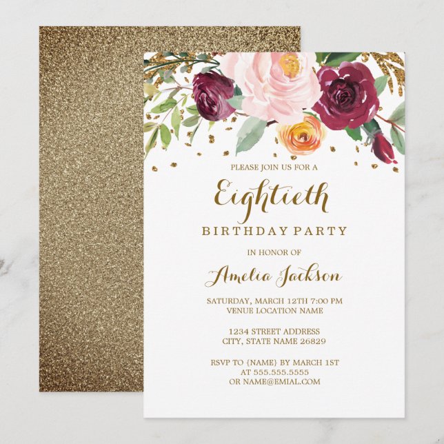 Gold Burgundy Floral Glitter 80th Birthday Party Invitation (Front/Back)