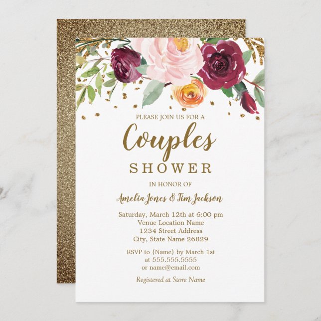 Gold Burgundy Floral Glitter Couples Shower Invitation (Front/Back)