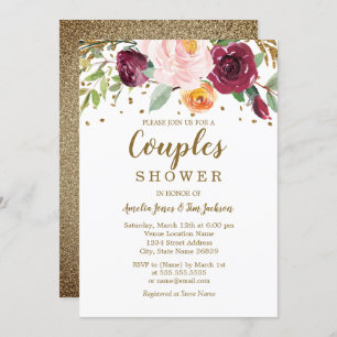 Gold Burgundy Floral Glitter Couples Shower Invitation