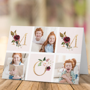 Gold Burgundy Floral MOM Multi Photo Mothers Day Card