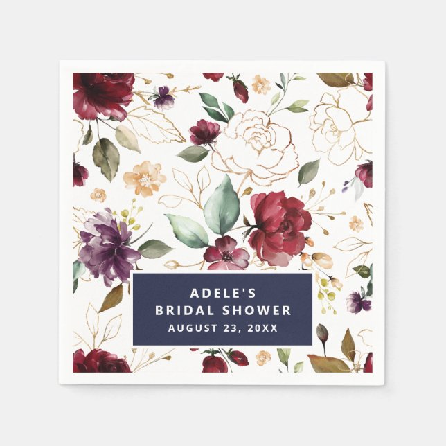 Gold Burgundy Floral Pattern Bridal Shower Napkin (Front)