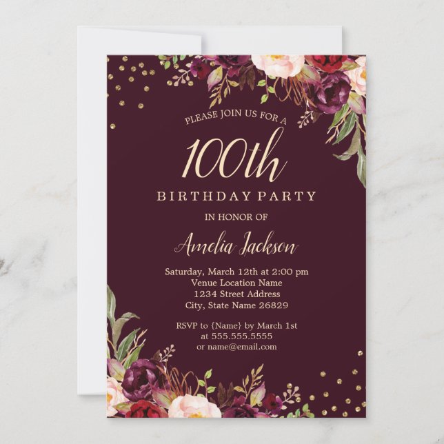 Gold Burgundy floral Sparkle 100th Birthday Party Invitation (Front)