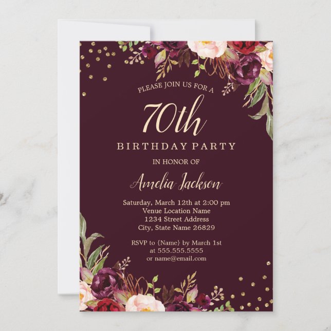 Gold Burgundy floral Sparkle 70th Birthday Party Invitation (Front)