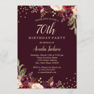 Gold Burgundy floral Sparkle 70th Birthday Party Invitation