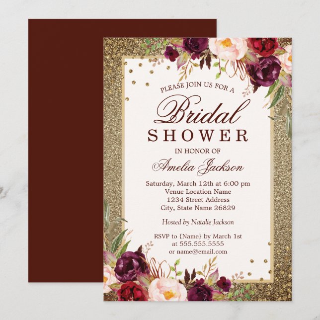 Gold Burgundy floral Sparkle Bridal Shower Invitation (Front/Back)