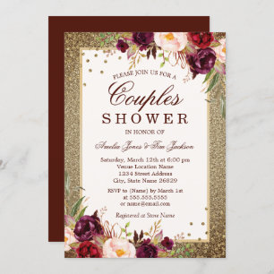 Gold Burgundy floral Sparkle Couples Shower Invitation