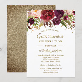 Gold Burgundy Floral Watercolor Quinceanera Invite