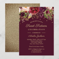Gold Burgundy Floral Watercolor Sweet Sixteen