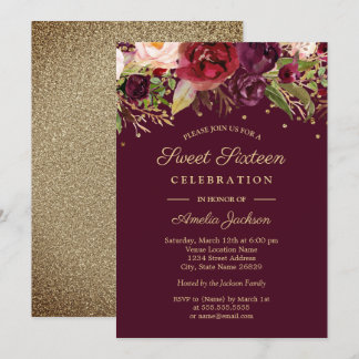 Gold Burgundy Floral Watercolor Sweet Sixteen Invitation