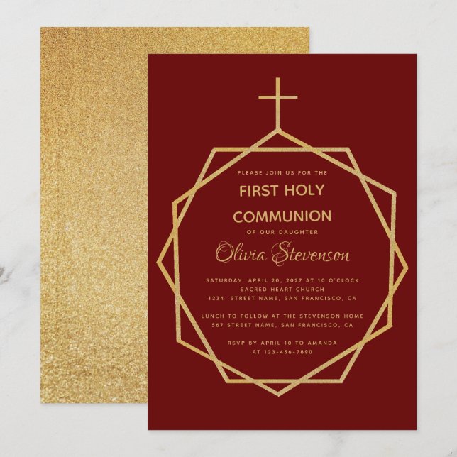 Gold Burgundy Girl First Holy Communion Geometric Invitation (Front/Back)