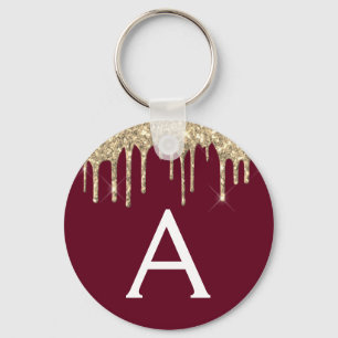 Gold Burgundy Girly Sparkly Glitter Monogram Keychain