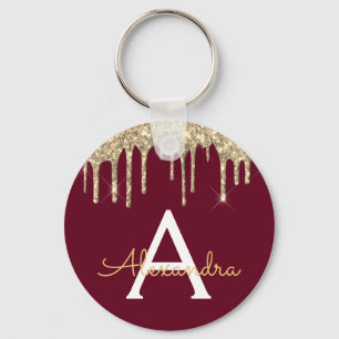 Gold Burgundy Girly Sparkly Glitter Monogram Keychain