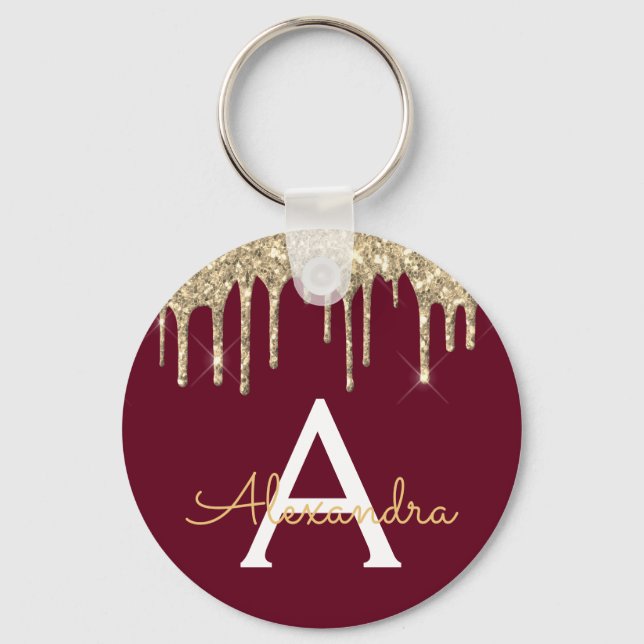 Gold Burgundy Girly Sparkly Glitter Monogram Keychain (Front)
