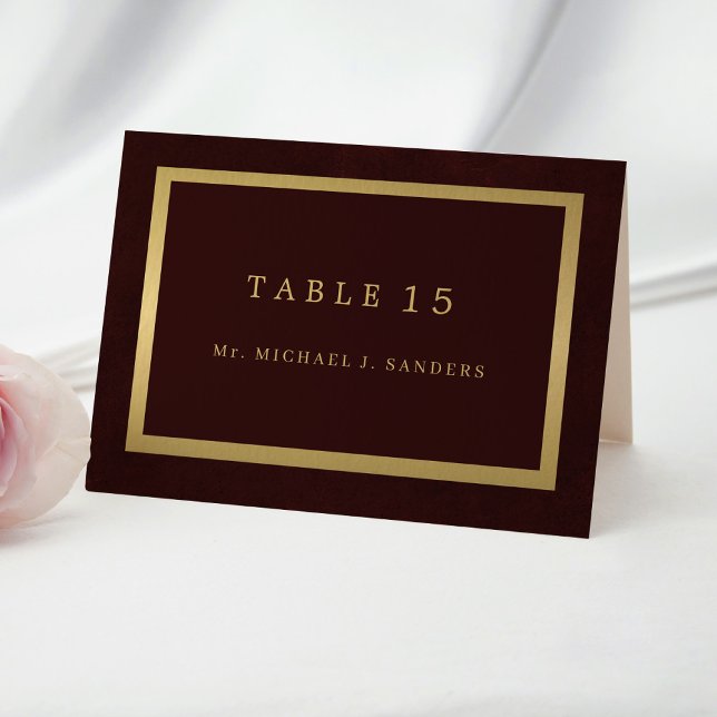 Gold burgundy guest name wedding place card  (Creator Uploaded)