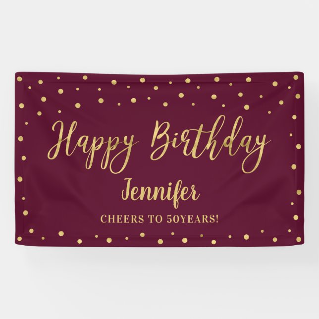 Gold & Burgundy Happy Birthday Party Banner (Horizontal)