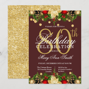 Gold & Burgundy Holiday Glitter 80th Birthday  Invitation