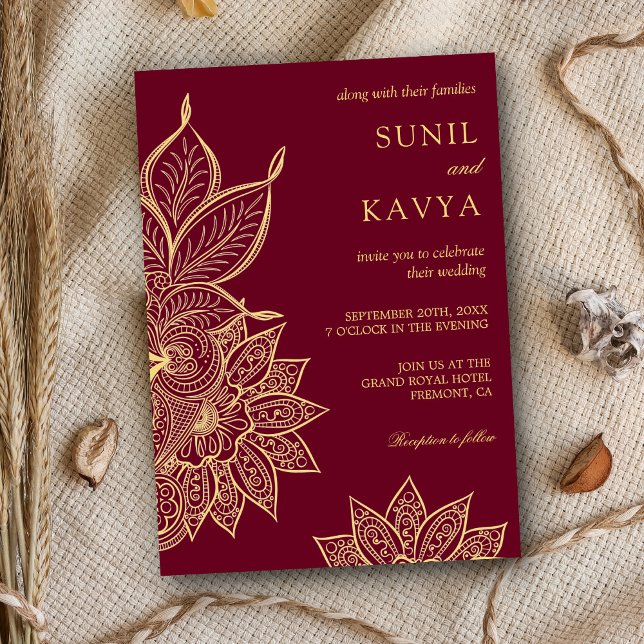 Gold Burgundy Mehendi Henna Indian Wedding Invitation (Creator Uploaded)