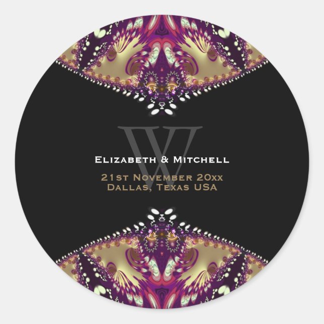 Gold Burgundy Modern Batik Monogram Classic Round Sticker (Front)