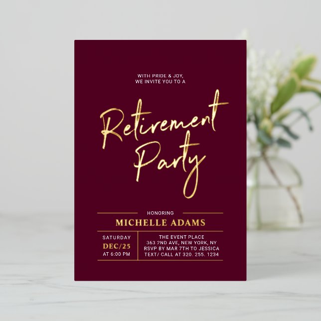 Gold Burgundy Modern Brush Script Retirement Party (Standing Front)