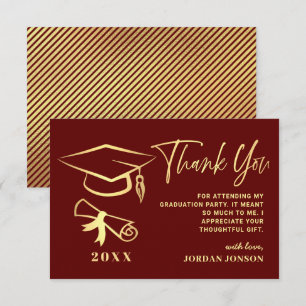 Gold Burgundy Modern Graduation Party Thank You Card