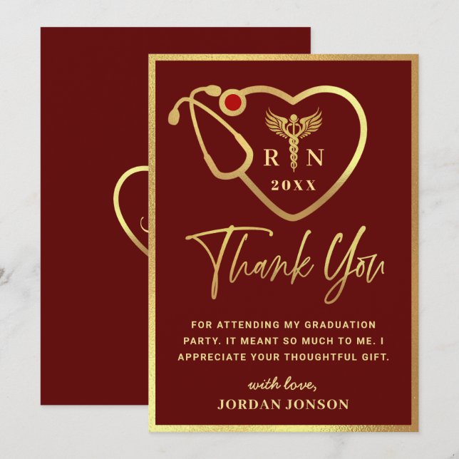 Gold Burgundy Modern Nursing School Graduation Thank You Card (Front/Back)