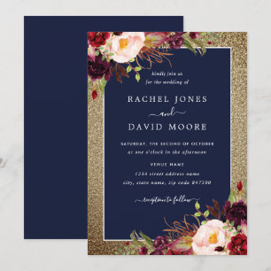 Gold Burgundy Navy Floral Watercolor Wedding Invitation