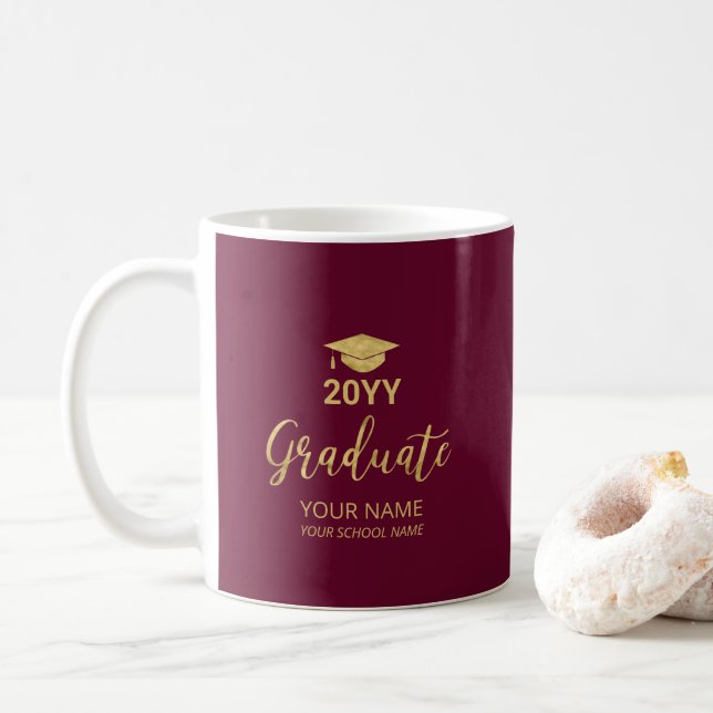 Gold & Burgundy Personalized Graduation Gifts Coffee Mug (With Donut)