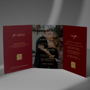 Gold burgundy photo wedding RSVP details QR code  Tri-Fold Invitation