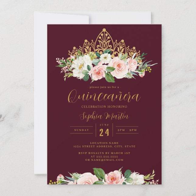 Gold Burgundy Pink Floral Tiara Quinceanera  Invitation (Front)