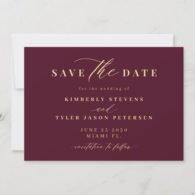 Gold burgundy QR code simple elegant wedding  Save The Date (Front)