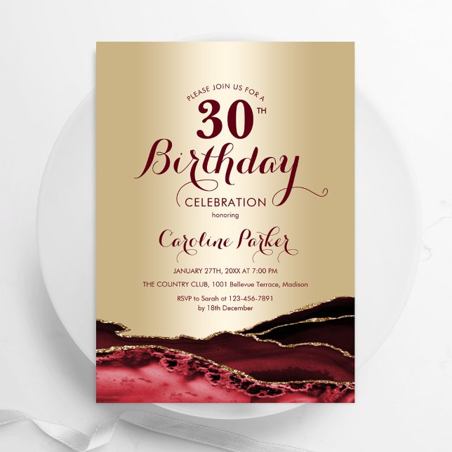 Gold Burgundy Red Agate 30th Birthday Invitation (Creator Uploaded)