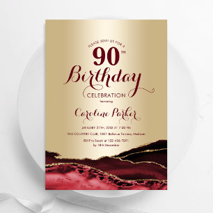 Gold Burgundy Red Agate 90th Birthday Invitation
