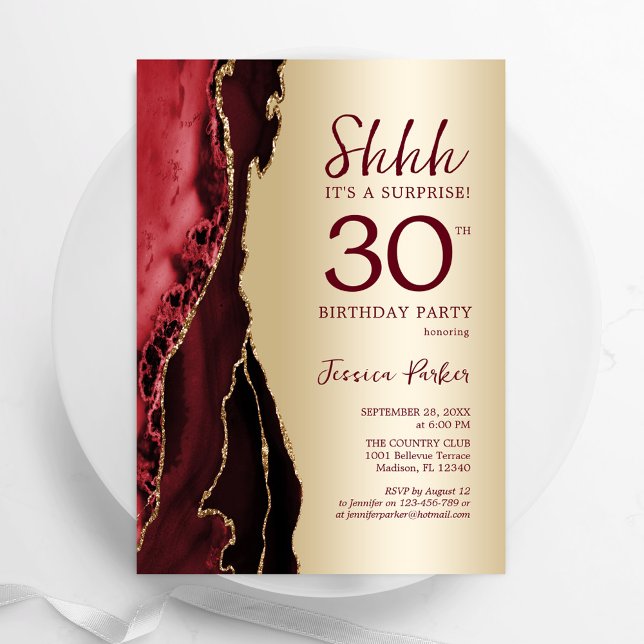 Gold Burgundy Red Agate Surprise 30th Birthday Invitation (Creator Uploaded)