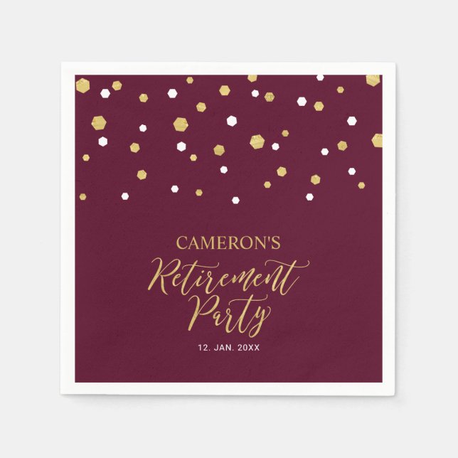 Gold & Burgundy Red Chic Confetti Retirement Napkin (Front)