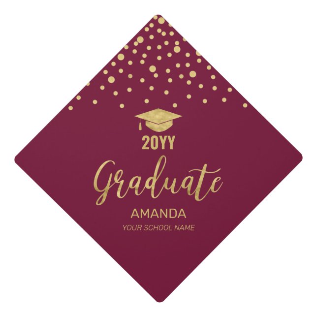 Gold & Burgundy Red Confetti Custom Graduation Graduation Cap Topper (Front)