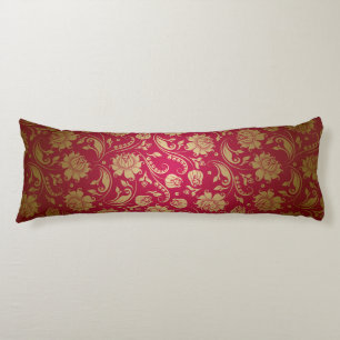 Gold & Burgundy Red Floral Damasks Pattern Body Pillow