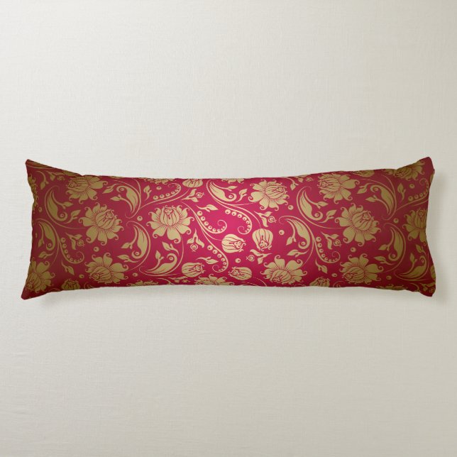 Gold & Burgundy Red Floral Damasks Pattern Body Pillow (Front)
