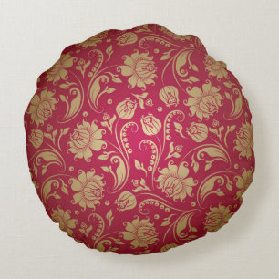 Gold & Burgundy Red Floral Damasks Pattern Round Pillow