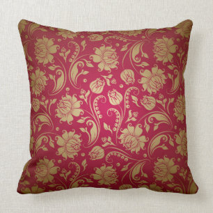 Gold & Burgundy Red Floral Damasks Pattern Throw Pillow