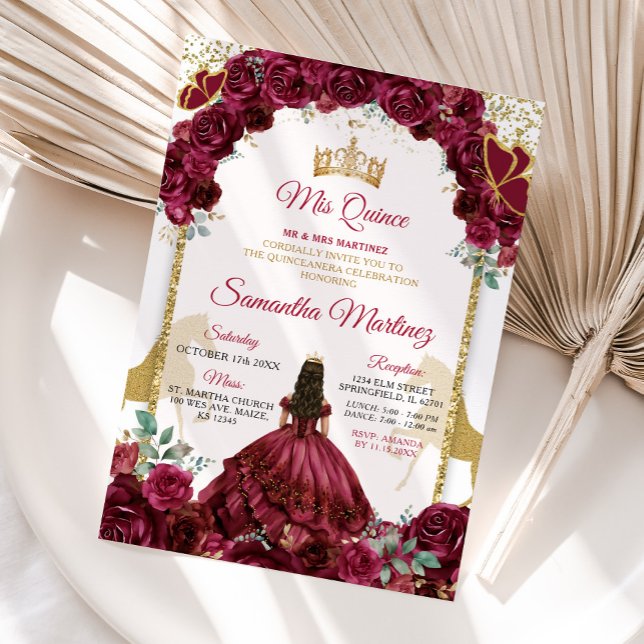 Gold Burgundy Red Floral Princess Quinceañera Invitation (Creator Uploaded)