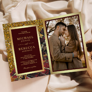Gold Burgundy Red Marble Photo QR Code Wedding Invitation