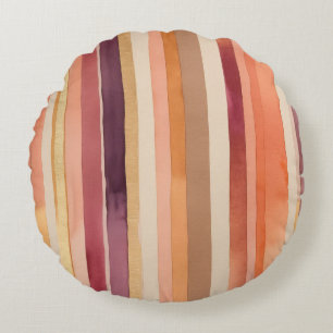 Gold, burgundy, red, orange and purple stripes round pillow