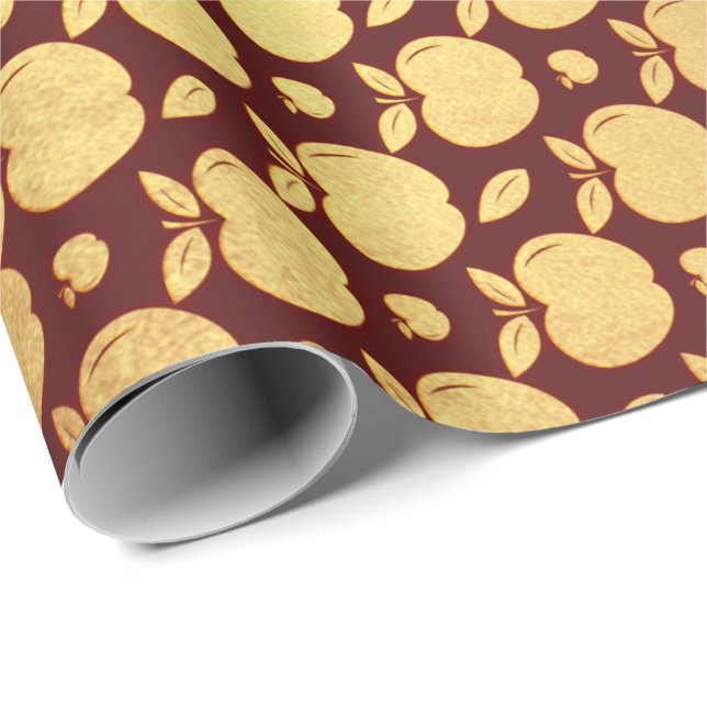 Gold Burgundy Red Wine Metallic Apple Bordeaux Wrapping Paper (Roll Corner)