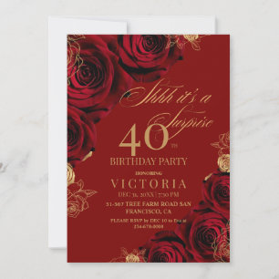 Gold Burgundy Roses Surprise 40th Birthday Invitation