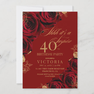 Gold Burgundy Roses Surprise 40th Birthday Invitation