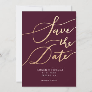 Gold Burgundy Script Typography Save The Date