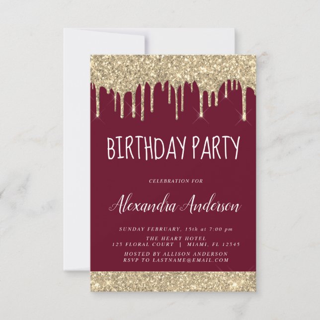 Gold Burgundy Sparkle Glitter Any Age Birthday Invitation (Front)